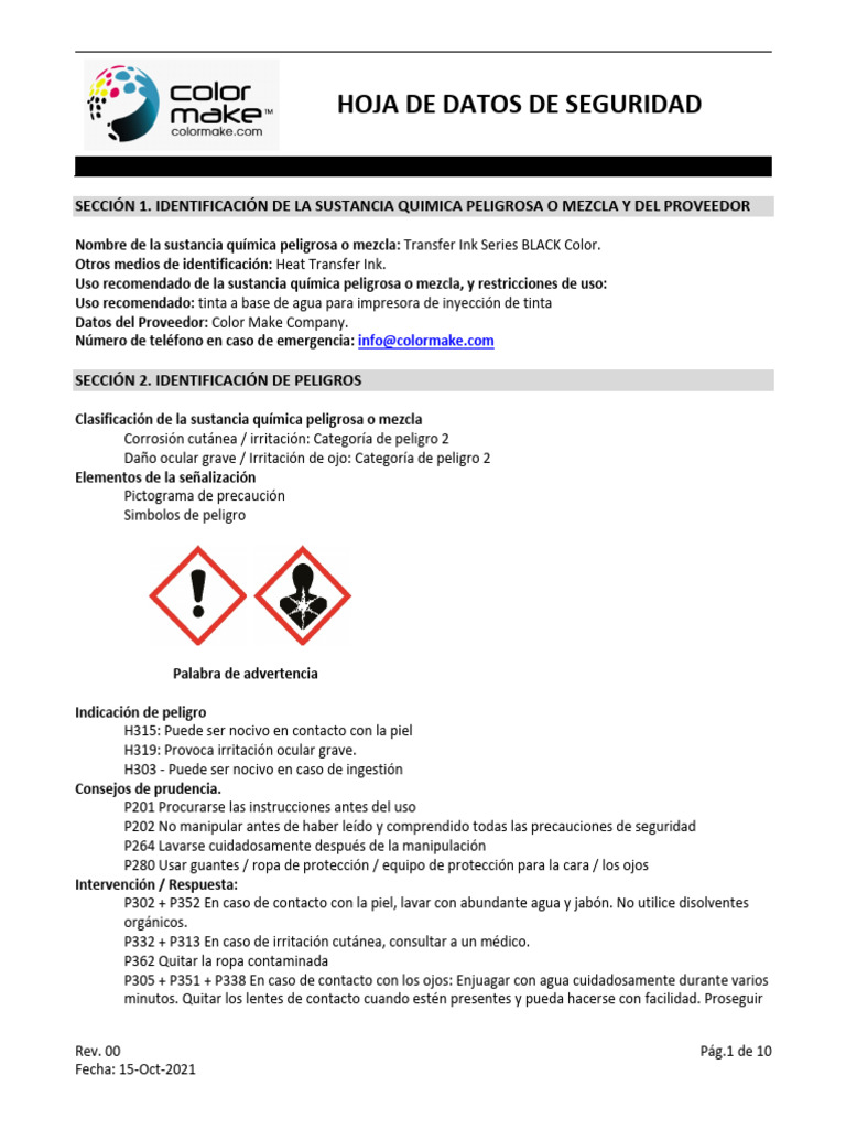 Hoja de Datos de Seguridad: Tinta Transfer BLACK | PDF | Agua | Incendios