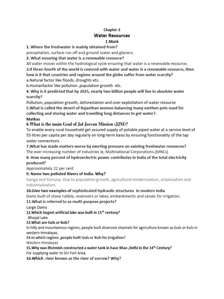 Water resources question and answers class 10 pdf dam water scarcity