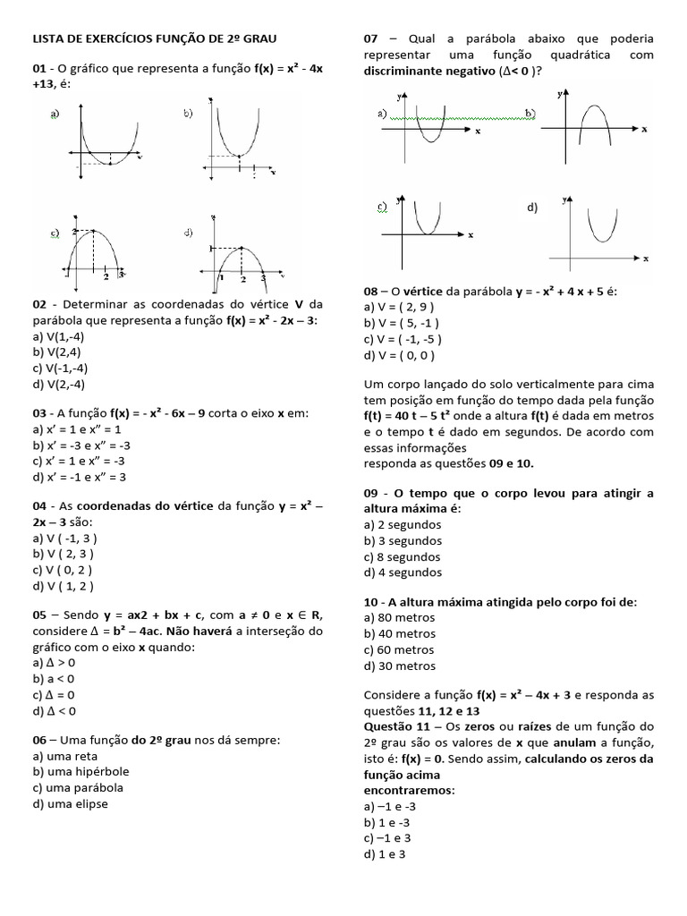 Lista de Exercícios: Função do 2º Grau | PDF | Matemática | Álgebra ...