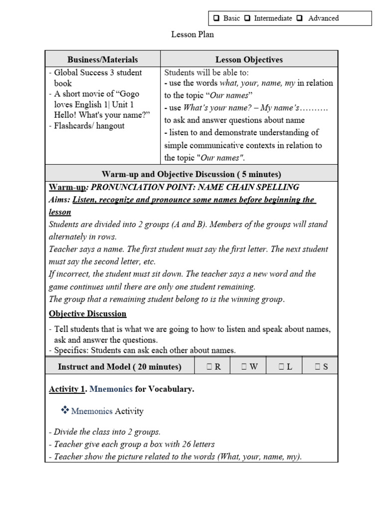 Lesson Plan: Asking Names in English | PDF | Lesson Plan | Behavior ...