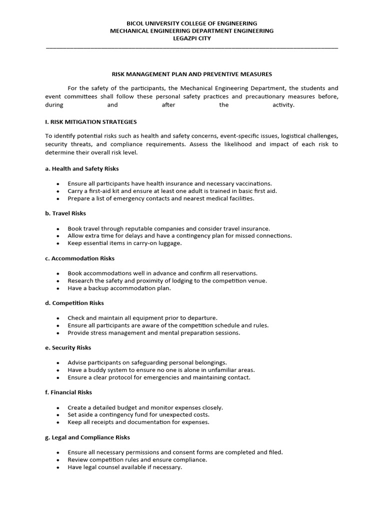 Risk management plan and preventiv measures pdf risk risk management
