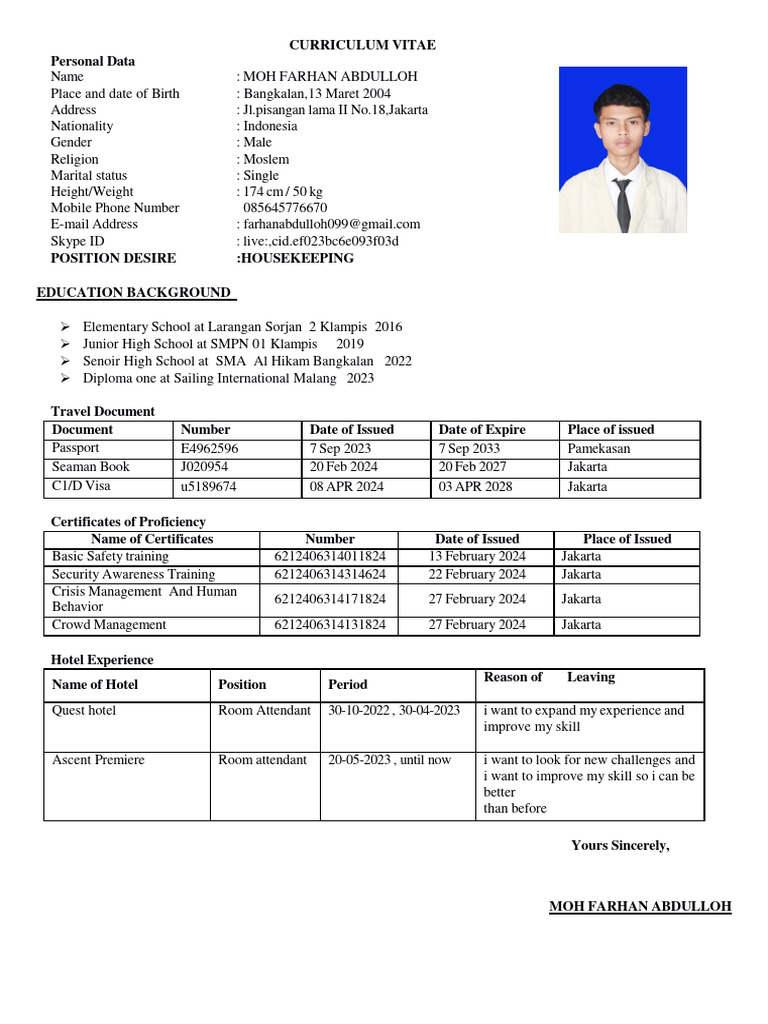 Housekeeping CV of Moh Farhan Abdulloh | PDF | Government And Personhood