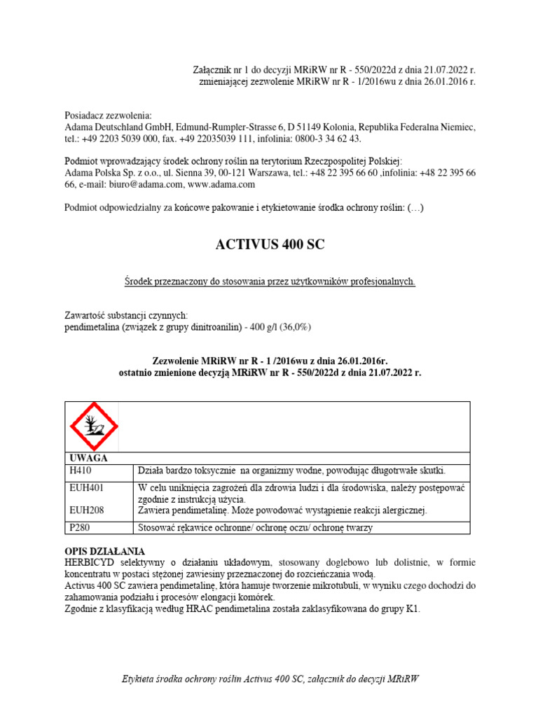 Activus 400 SC Etykieta 323 | PDF