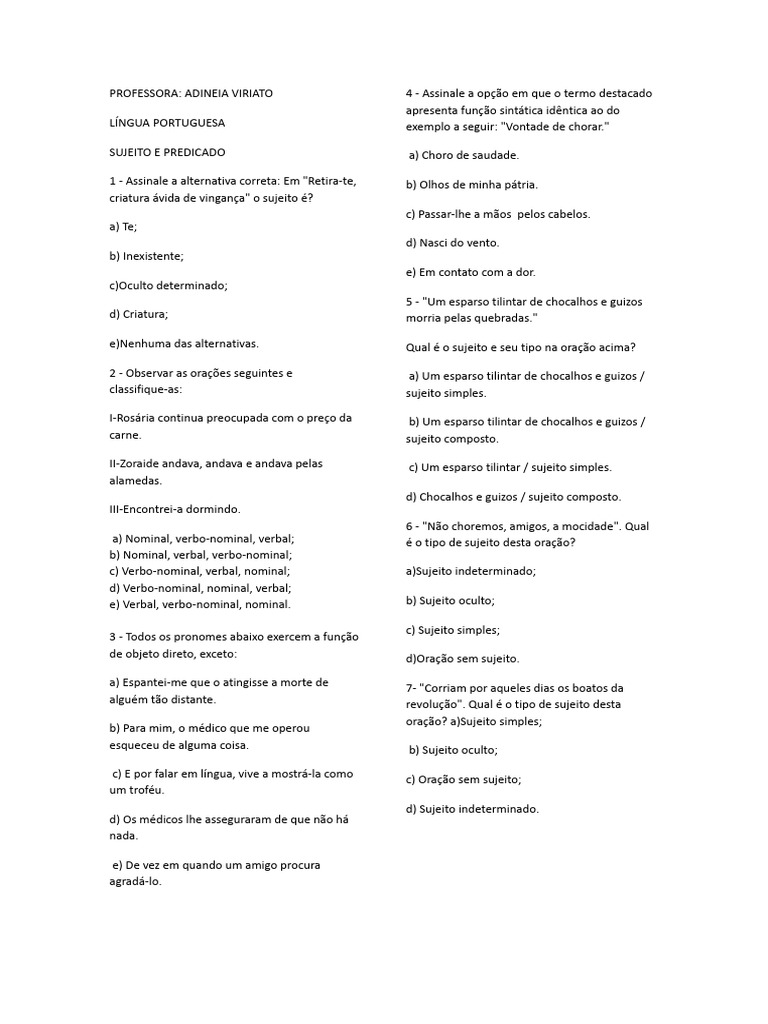Sujeito e Predicado na Língua Portuguesa | PDF | Assunto (gramática ...
