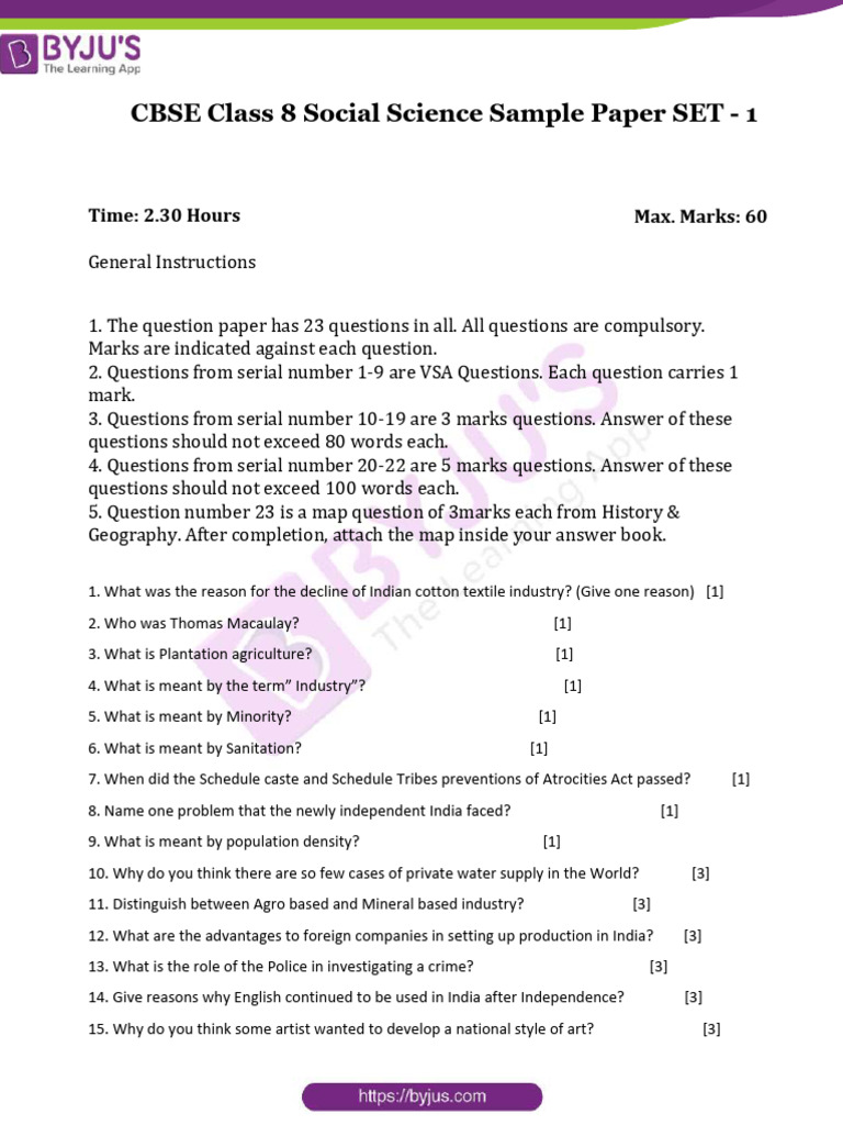Class 8 SST Term 1 Sample Paper | PDF
