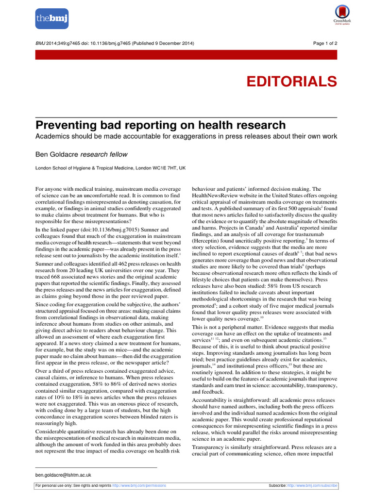Preventing Bad Reporting On Health Research | PDF | News | Academic ...