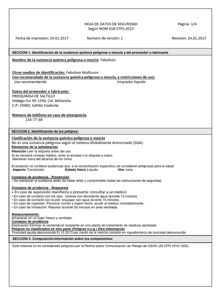 HOJA DE SEGURIDAD FABULOSO PDF Agua Solubilidad