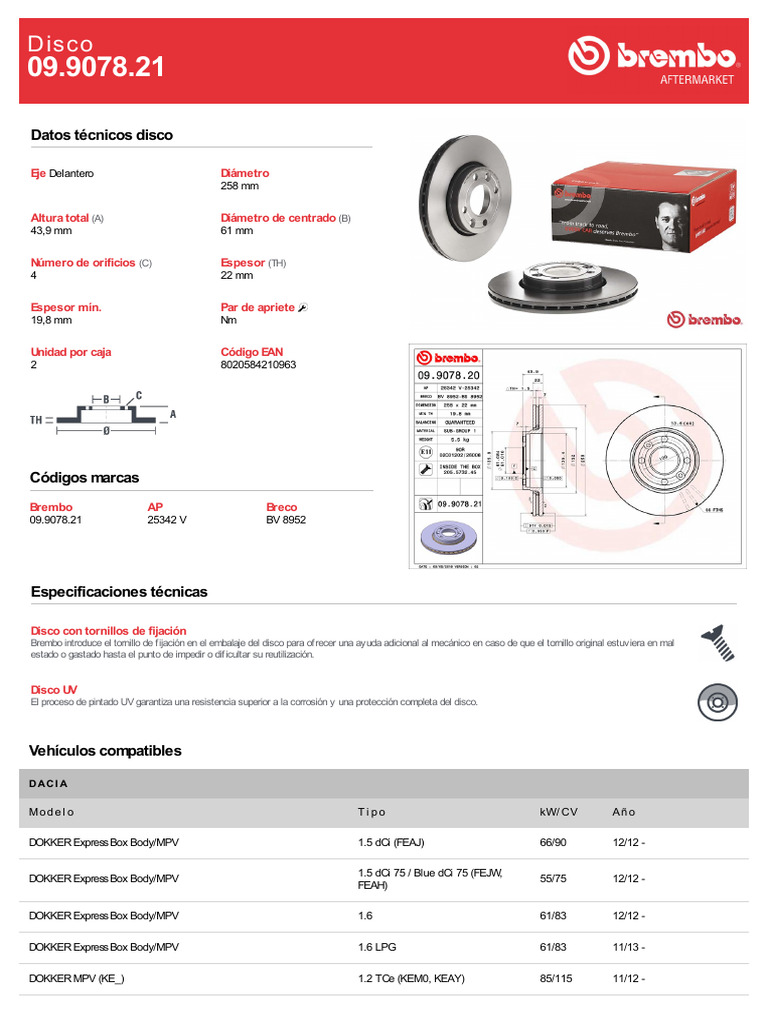 Remschijf voor 09.9078.10 Brembo