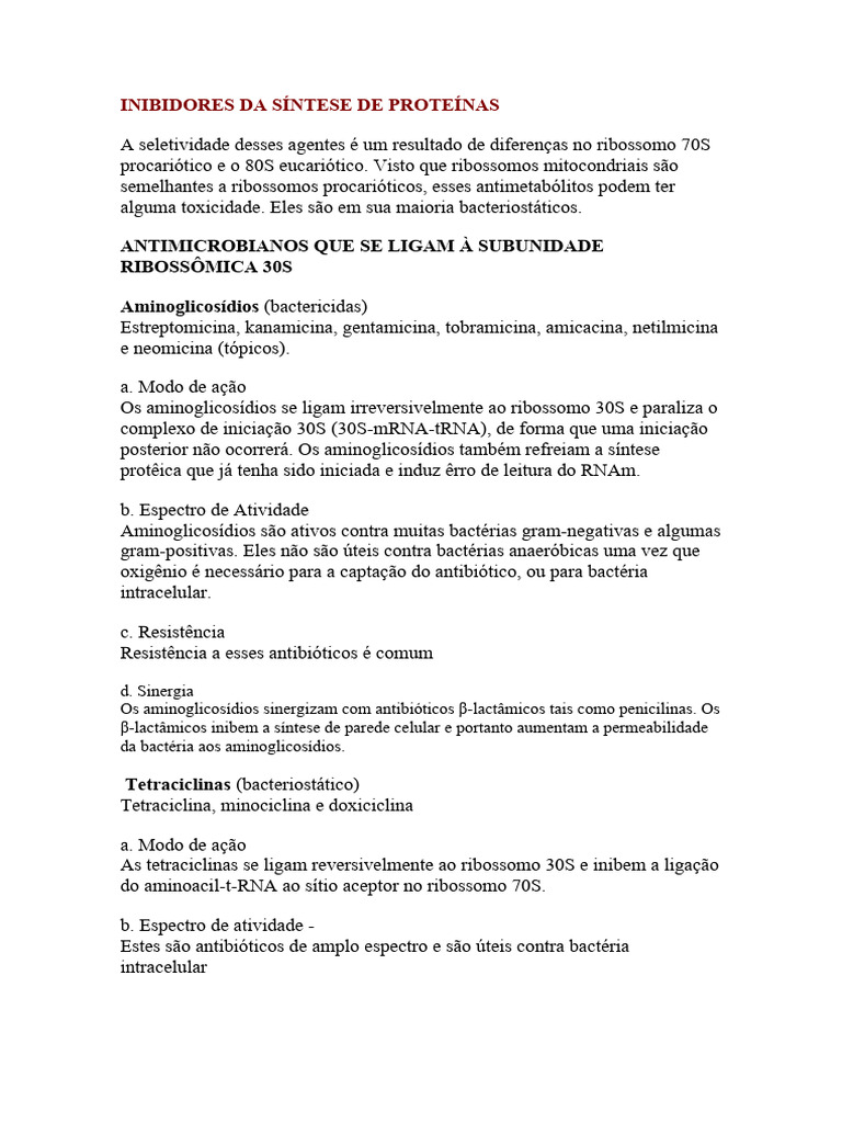 Inibidores da Síntese de Proteínas Antibacterianos | PDF | Ribossomo ...