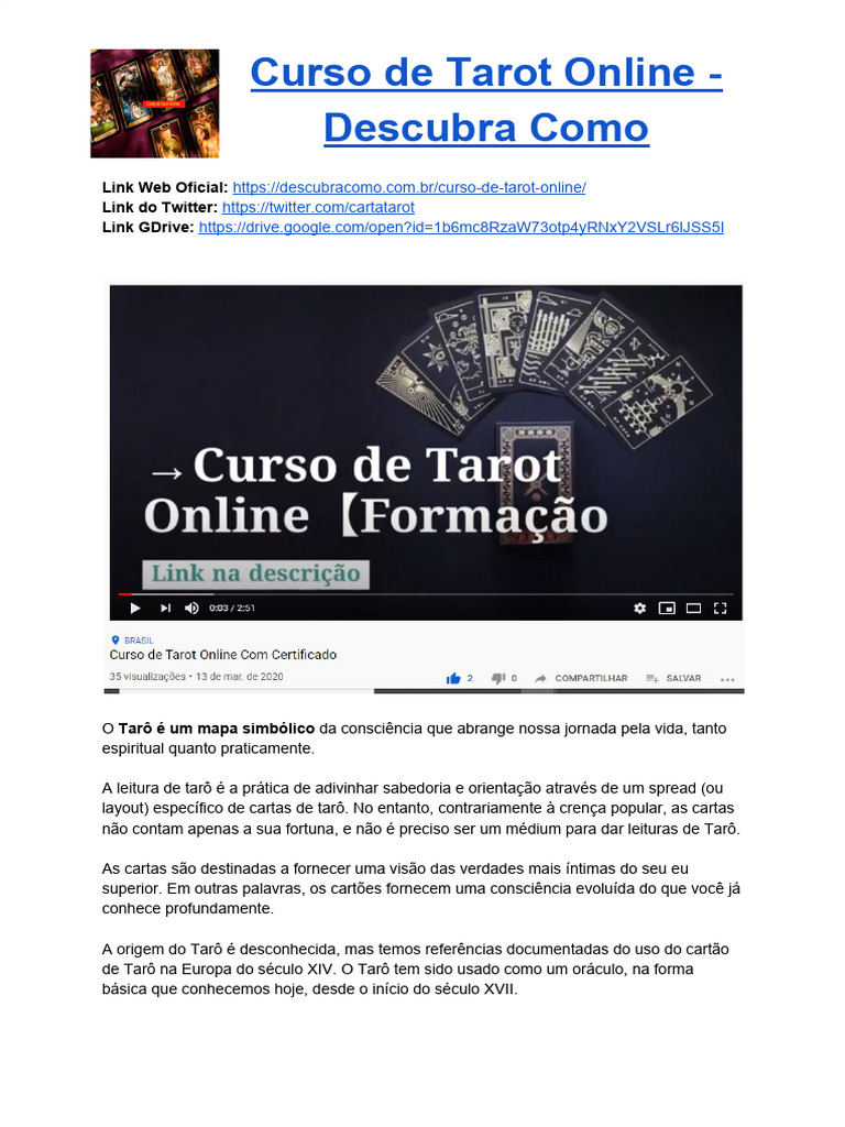 Curso de Tarot Online: Aprenda a Ler Cartas | PDF | Tarô | Cartas de ...