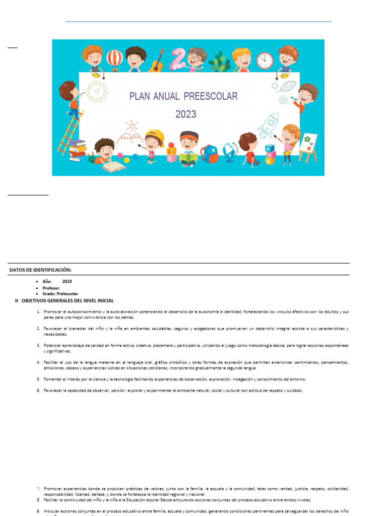 Plan Anual de Preescolar 2023 | PDF | Educación de la primera infancia