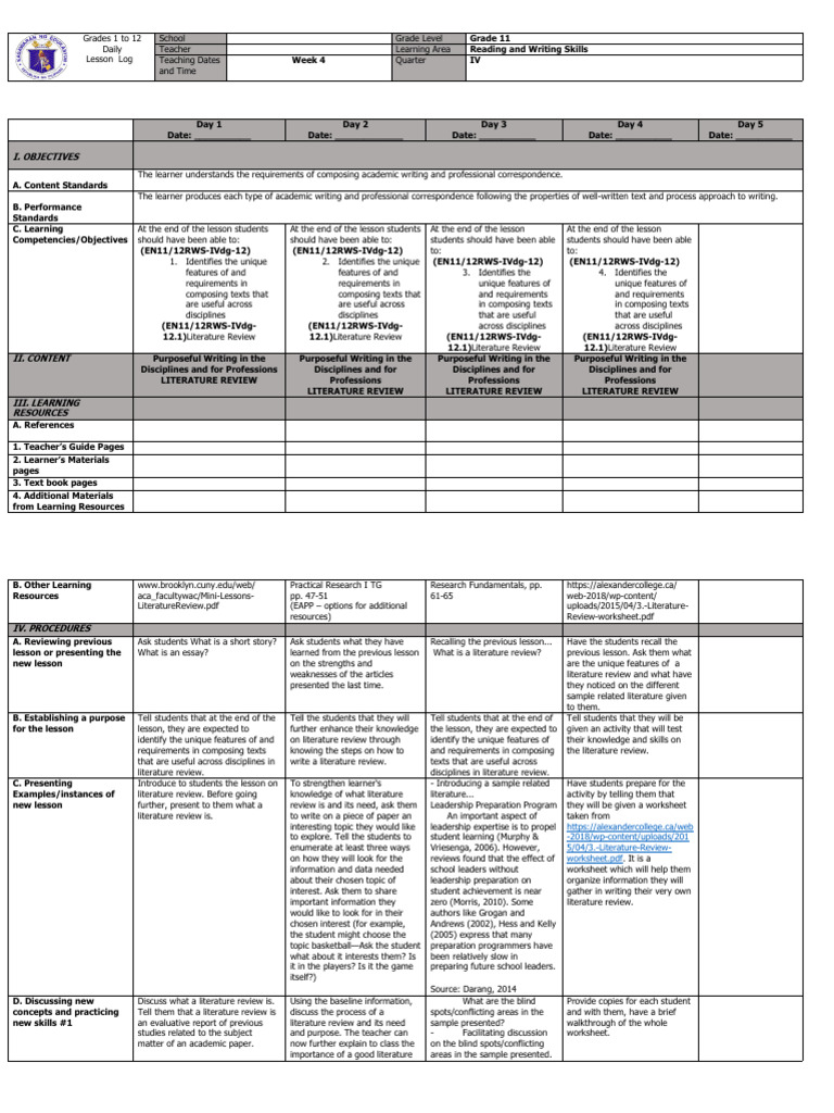 Grade 11 Literature Review Lesson Plan | PDF | Literature Review | Learning