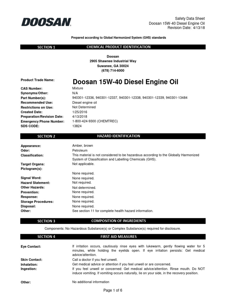 Doosan 15W-40 Diesel Engine Oil SDS | PDF | Combustion | Firefighting