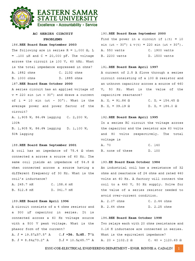 AC Series Circuit Problem Set | PDF | Electrical Impedance | Inductor