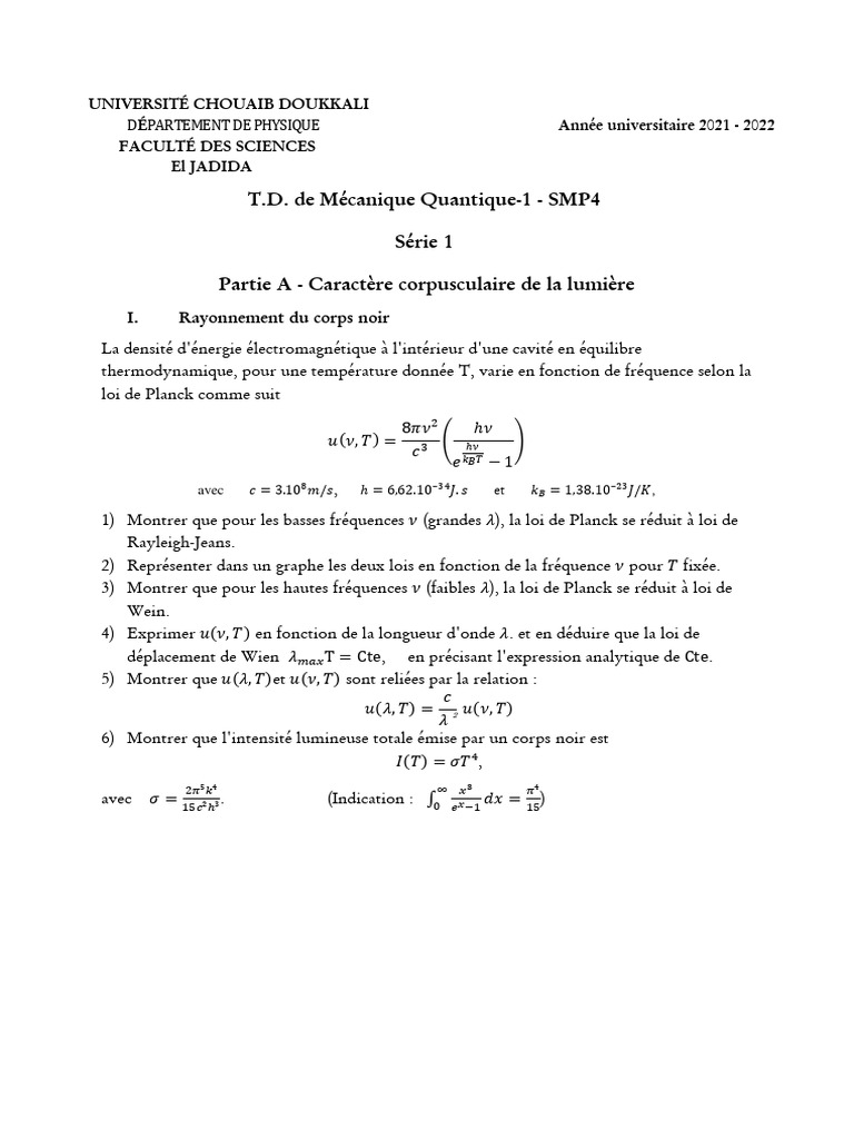 TD Mécanique Quantique - Corrigé S5 | PDF | Physique appliquée et ...