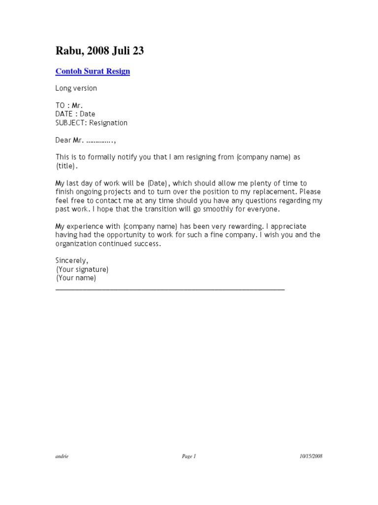 Resignation Letter  PDF In Resignation Letter Template Pdf