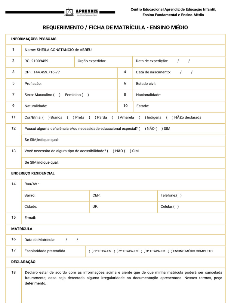 Ficha de Matrícula Ensino Médio 2023 | PDF