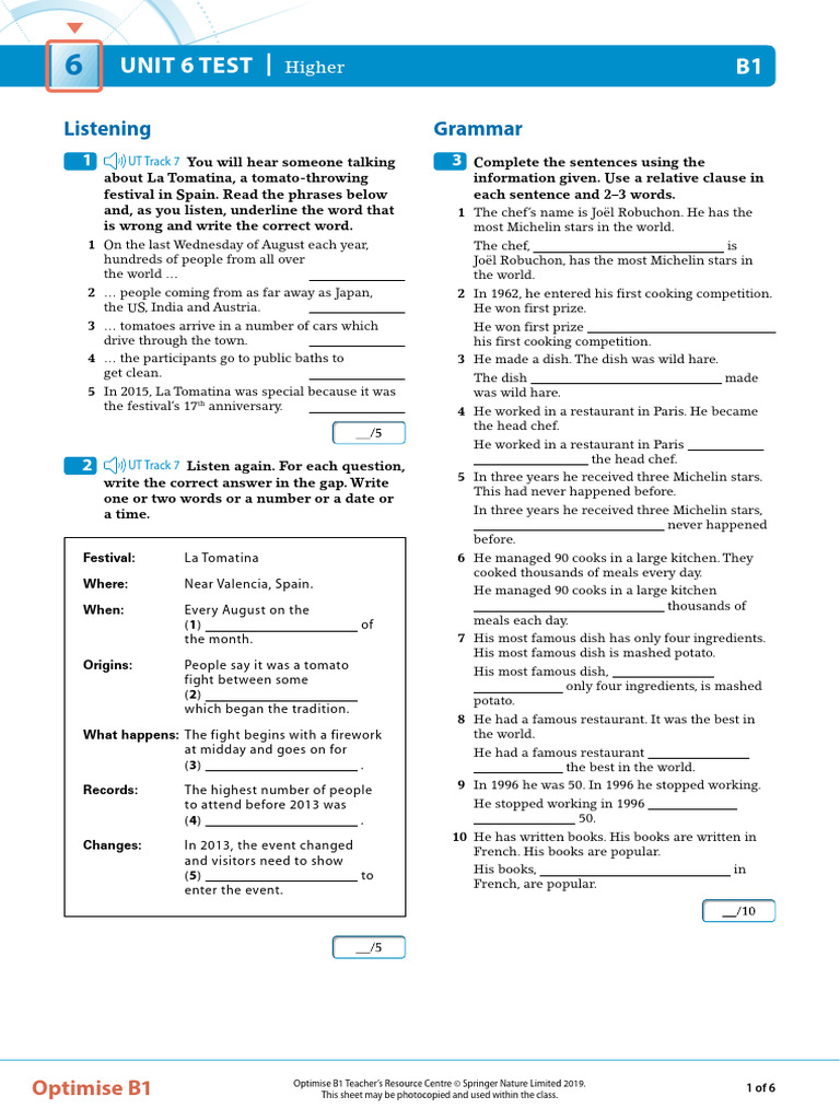 Optimise B1 Unit 6 Test Overview | PDF | Food And Drink Preparation ...