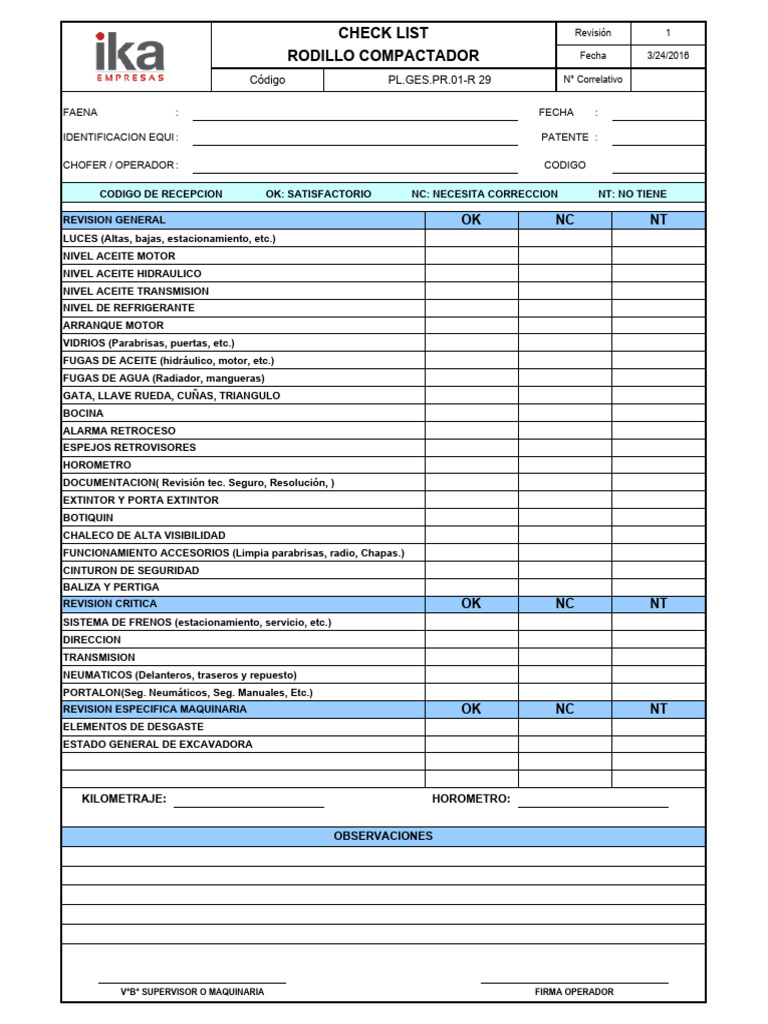 Check List Rodillo Compactador | PDF
