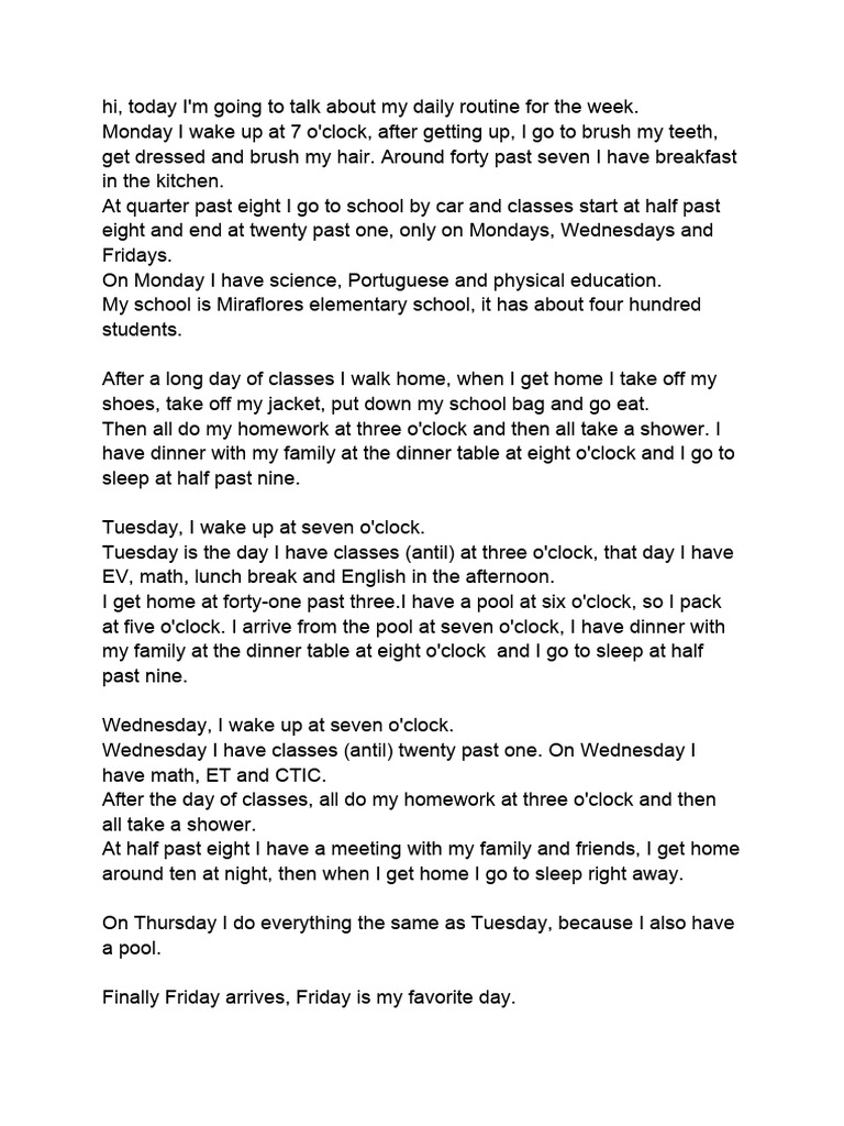 My Weekly Daily Routine Explained | PDF | Language Arts & Discipline ...