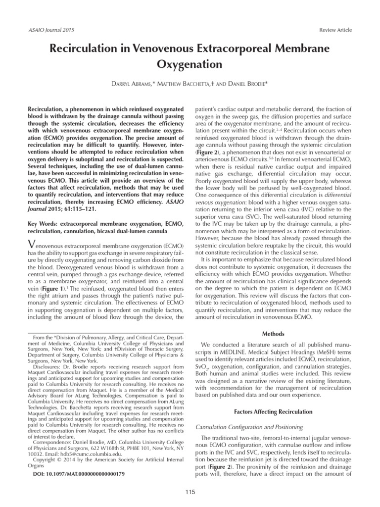 Recirculation in Venovenous Extracorporeal Membrane Oxygenation | PDF ...
