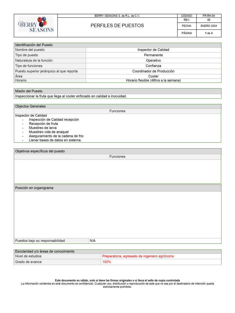 Formato de Perfil de Puesto: Inspector Calidad | PDF
