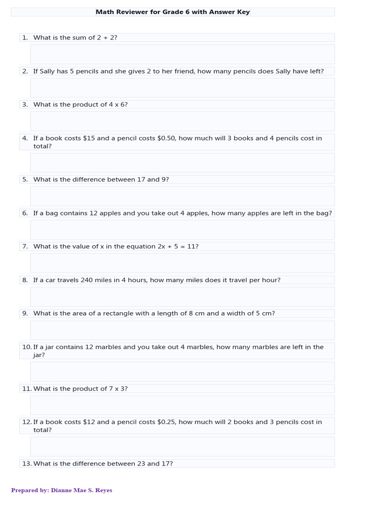 Grade 6 Math Review with Answers | PDF | Area | Length