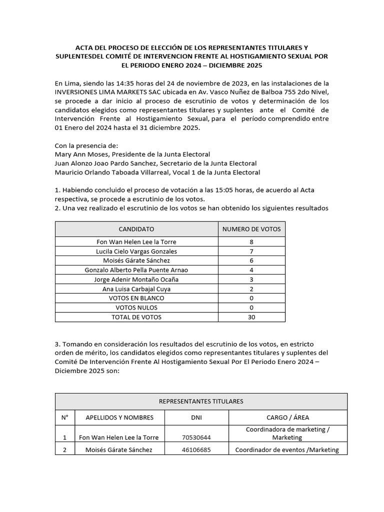 Acta Del Proceso de Elección de Los Representantes Titulares y ...