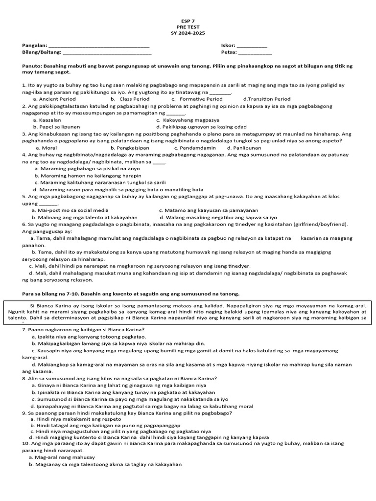 ESP 7 Pretest 2023-2024 | PDF