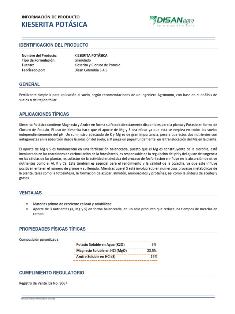 Ficha Técnica de Kieserita Potásica | PDF | Nutrientes | Fertilizante
