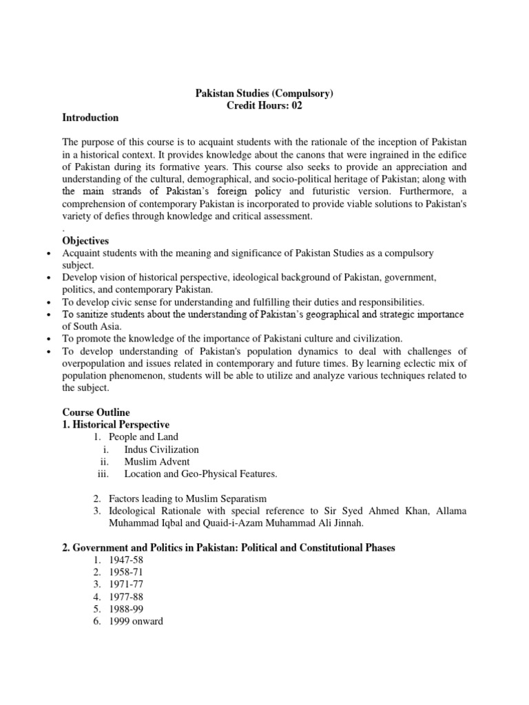 Pakistan Studies Course Overview | PDF | Pakistan | Muhammad Ali Jinnah