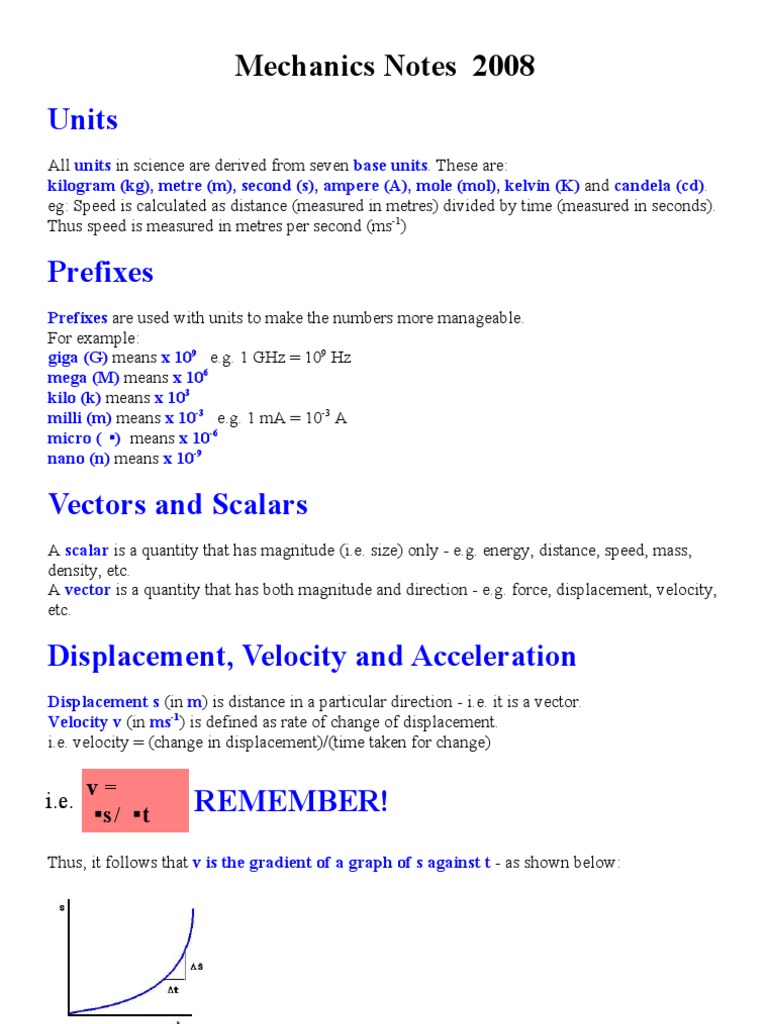 Mechanics Notes: Units and Motion Concepts | PDF | Mass | Acceleration