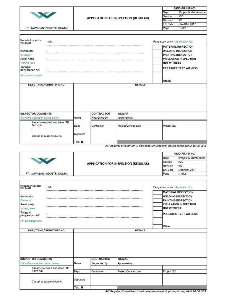 Regular Inspection Application Form | PDF | Nondestructive Testing ...