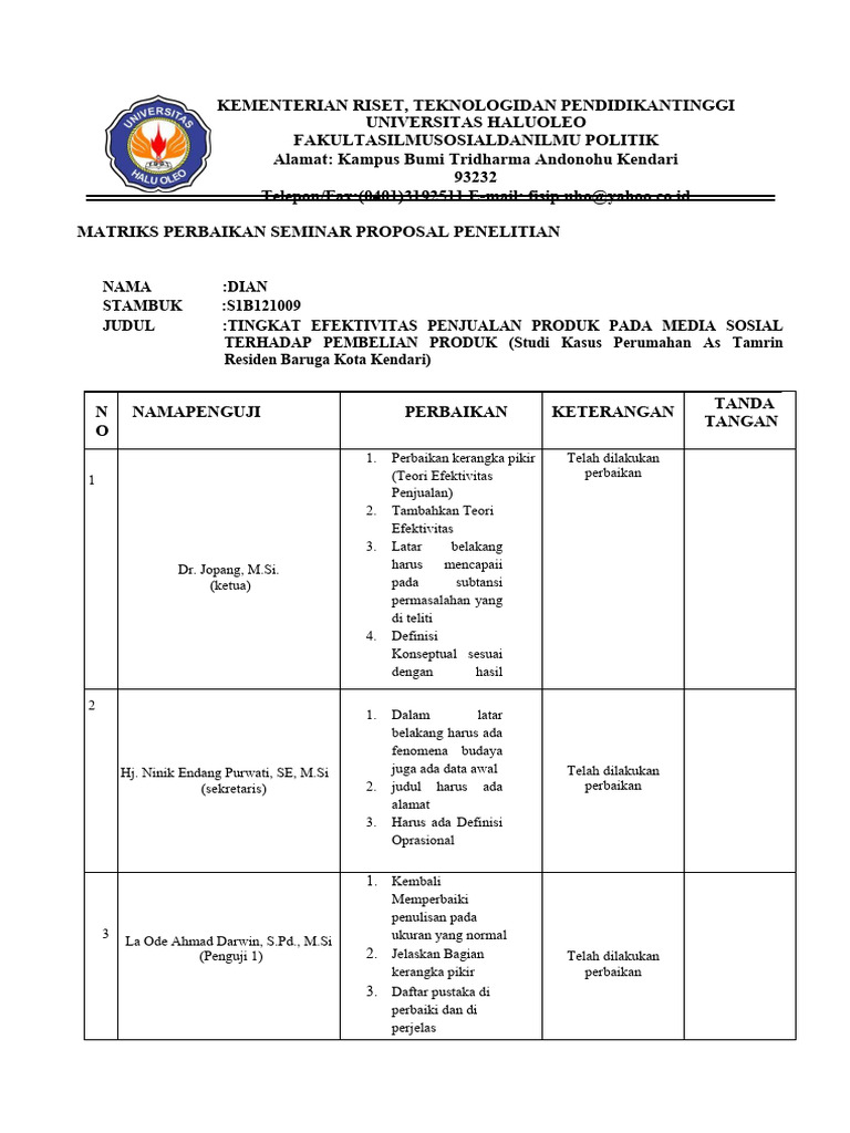 Matriks Perbaikan Proposal Penelitian | PDF