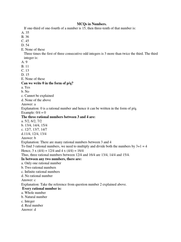 Number System MCQ 1 | PDF | Rational Number | Numbers