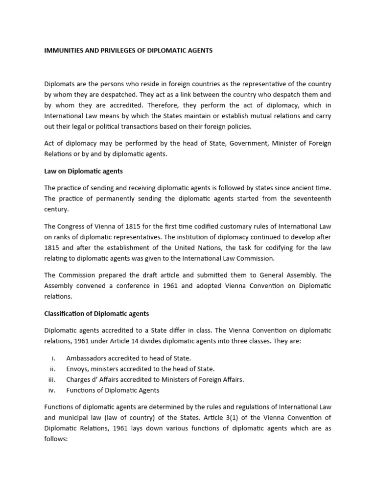 Diplomatic Agents: Immunities & Privileges | PDF | Diplomacy ...