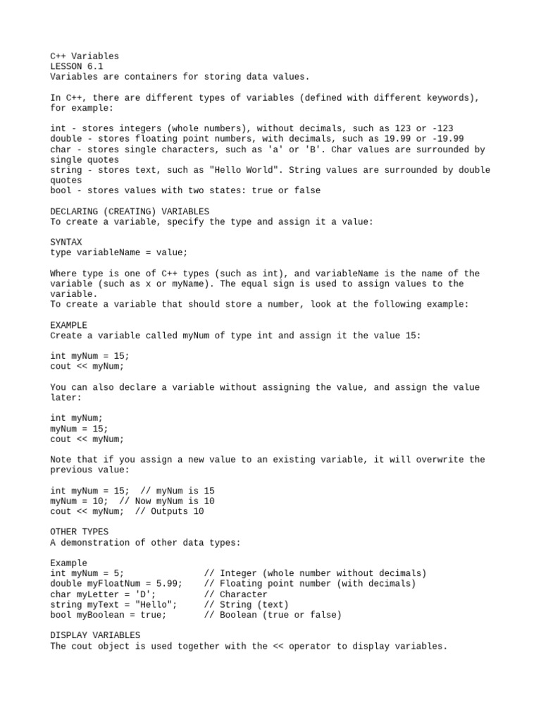 C++ Lessons 6.1 - 6.4 (Variables) | PDF | Integer (Computer Science ...