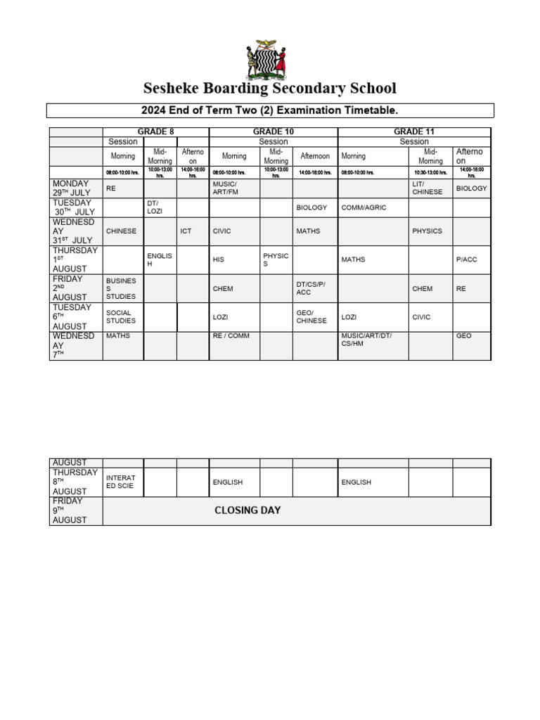2024 TERM 2 EXAMINATION TIMETABLE PDF Secondary Education Educational Stages