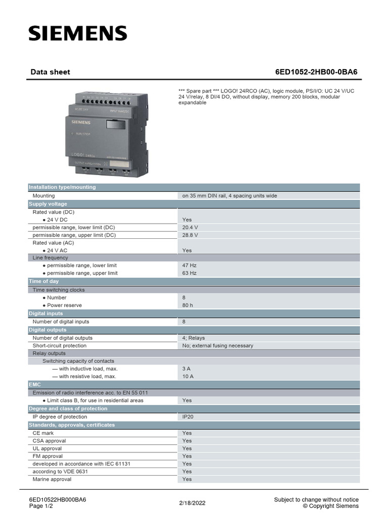 6ED10522HB000BA6 Datasheet en | PDF | Relay | Alternating Current