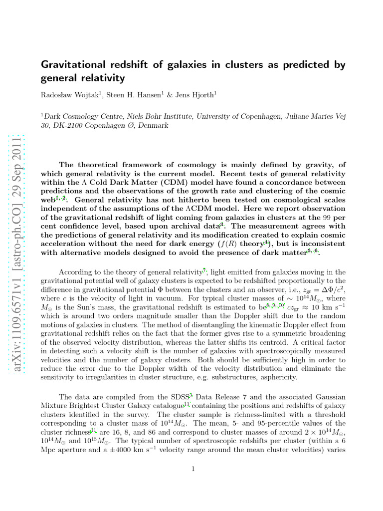 Gravitational Redshift in Galaxy Clusters | PDF | Redshift | General ...