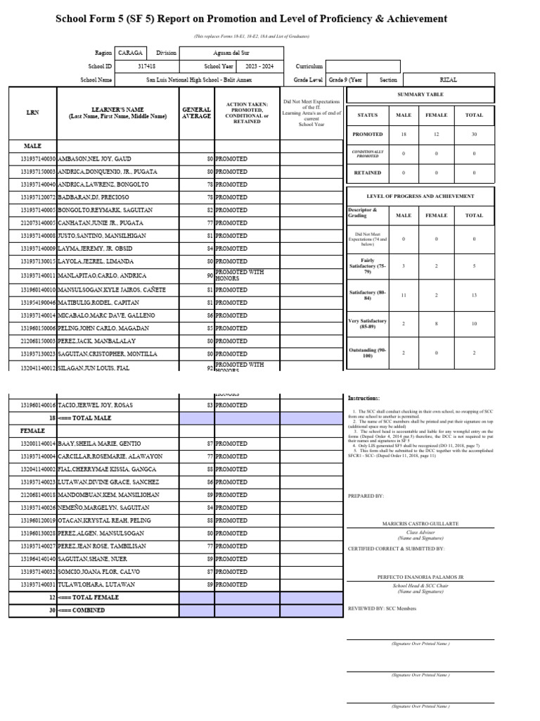 SF 5 Report: Grade 9 Promotion Data | PDF | Learning