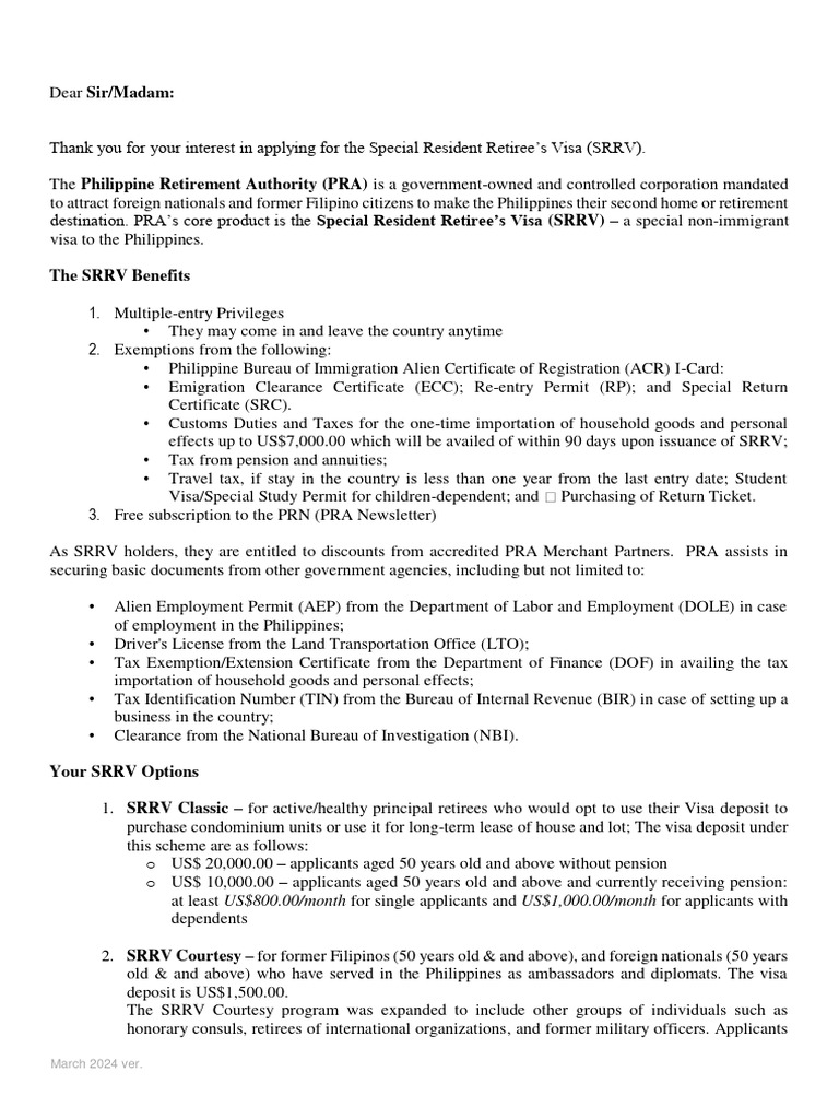 SRRV Visa Requirements for Retirees | PDF | Travel Visa