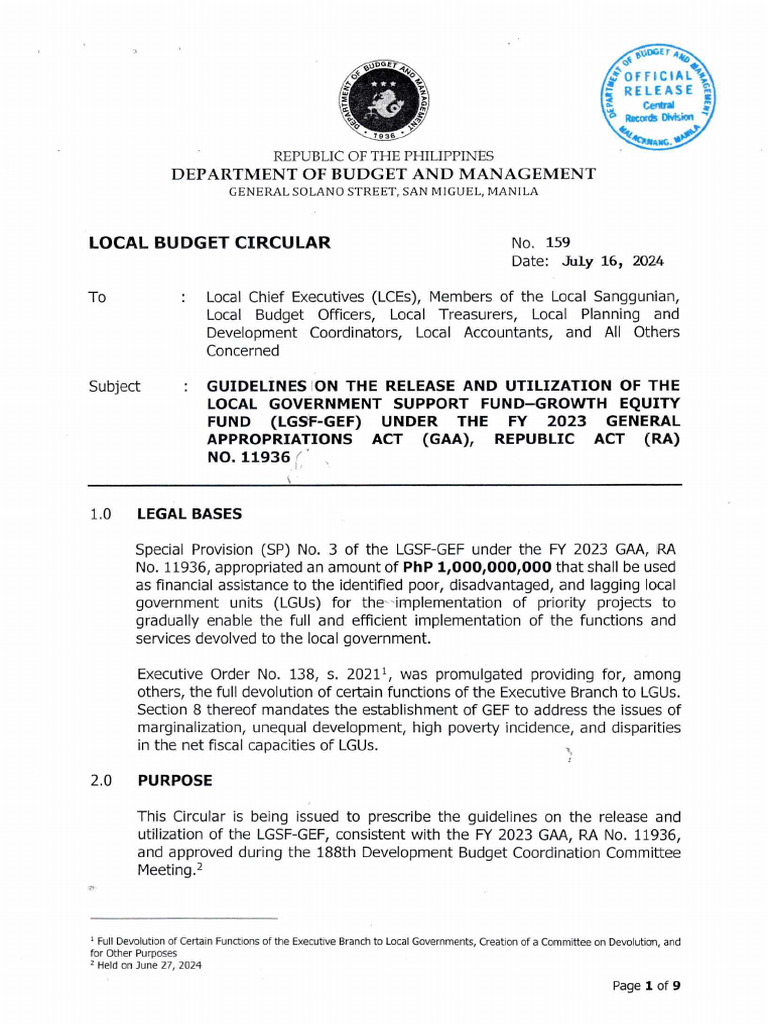 Local Budget Circular No 159 Dated July 16 2024 | PDF