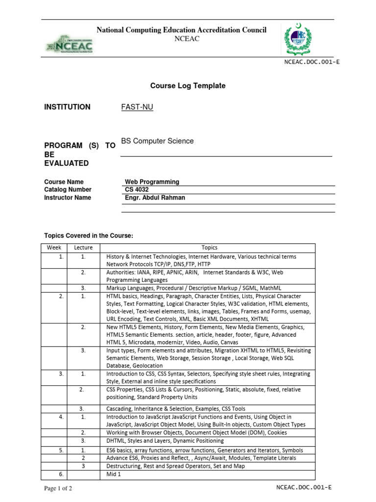 02.WPSpring2024CourseLog (CLT) - EngrAbdulRahman - V4-Dist | PDF | Html ...