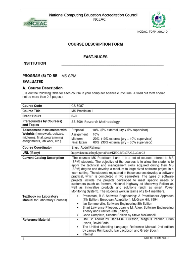 MS Practicum I Course Description Form | PDF | Unified Modeling ...