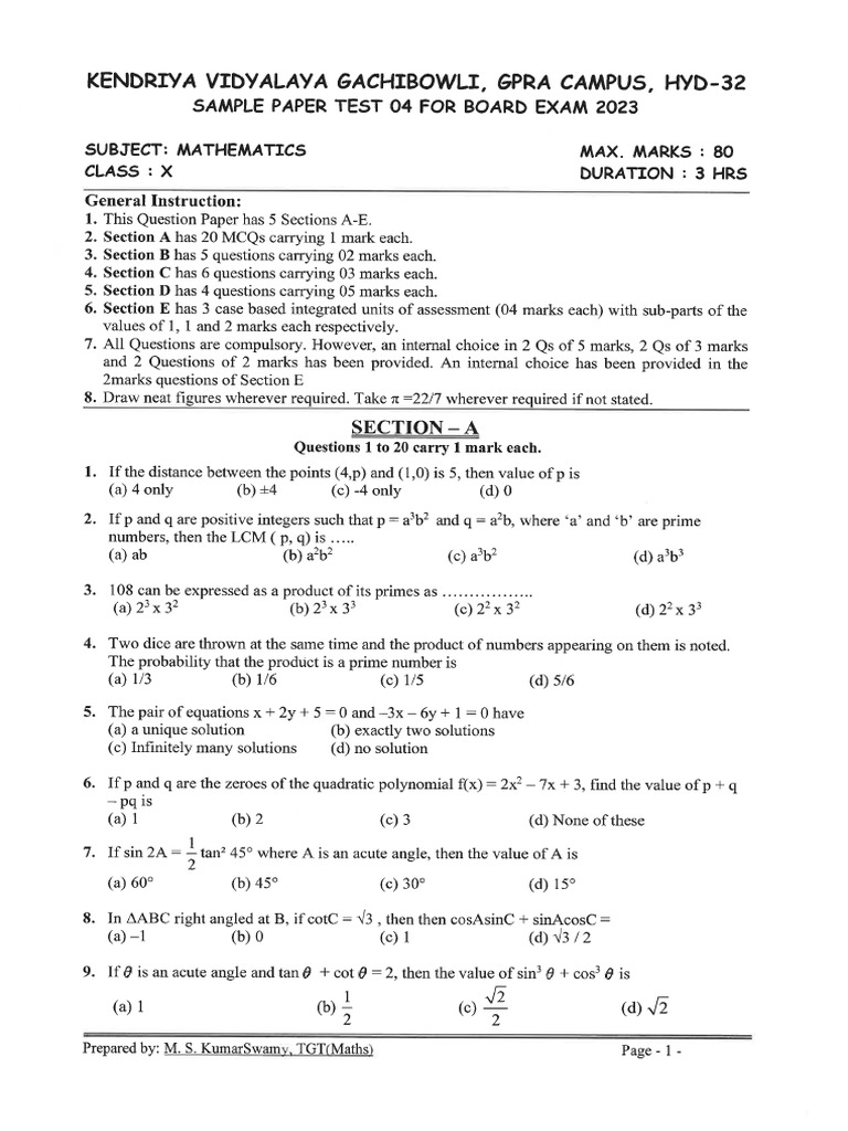 Sample Paper 4 KV | PDF