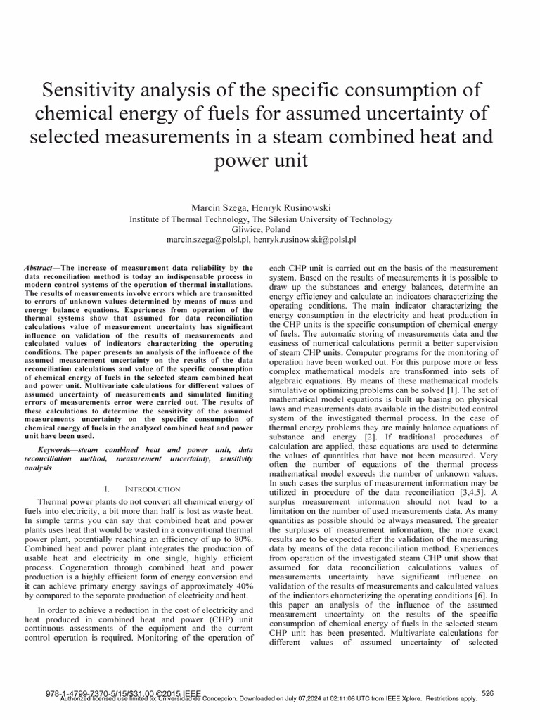 Sensitivity analysis of the specific consumption of chemical energy of