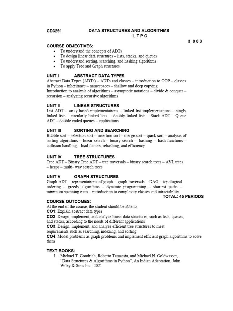 CD3291 Data Structures and Algorithms L T P C | PDF | Algorithms And ...
