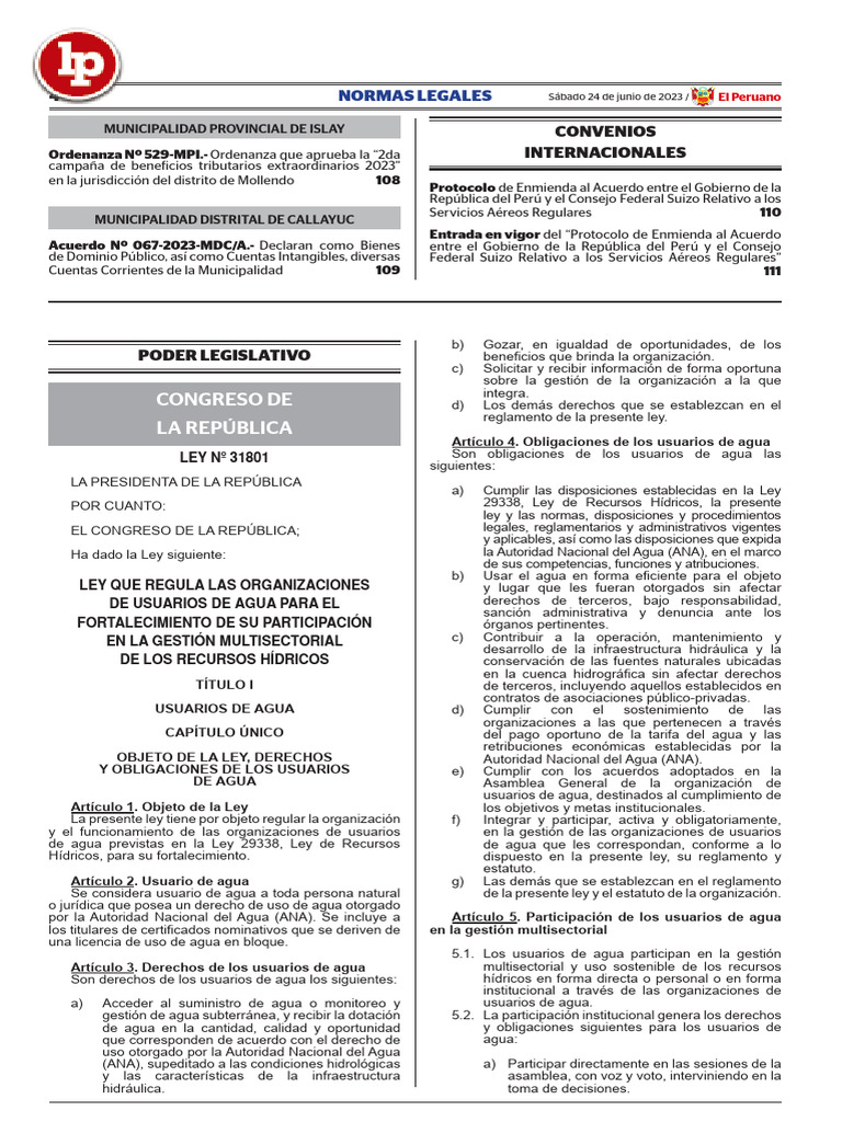 Ley 31801 LPDerecho | PDF | Regulación | Agua