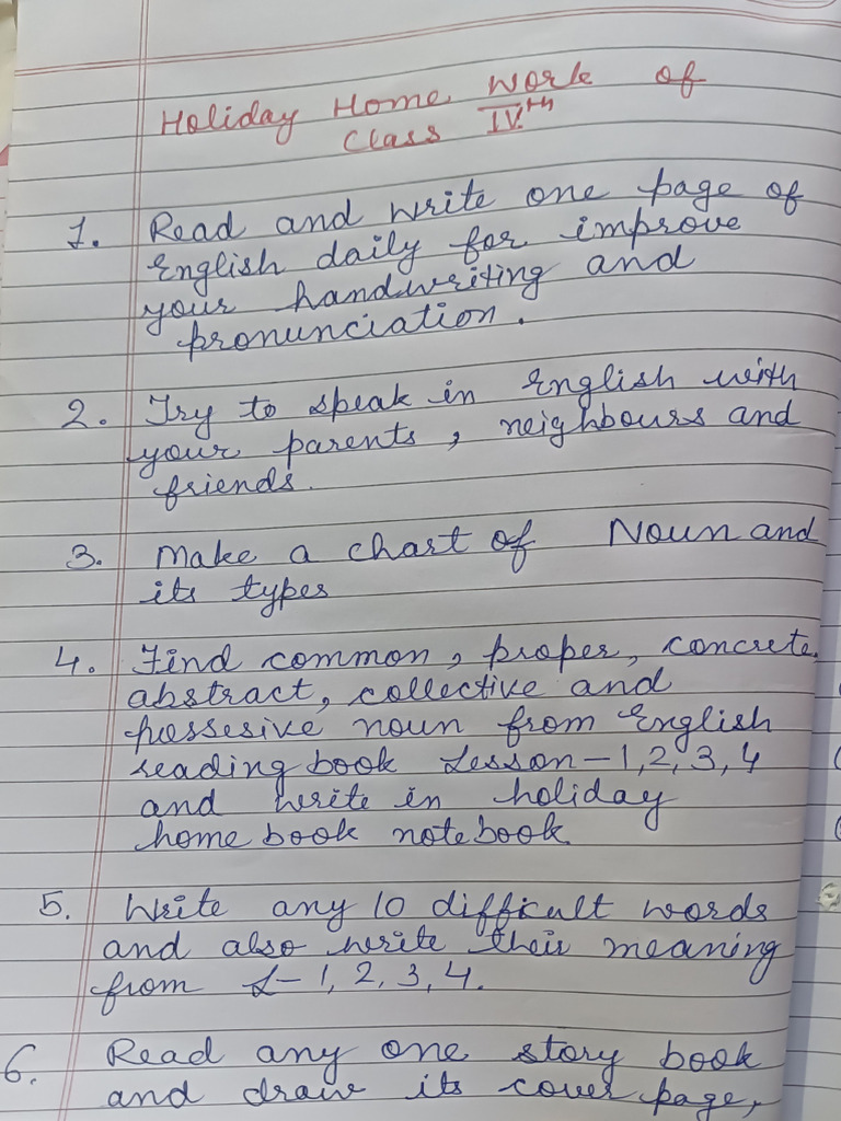 Holidays Homework English Pdf